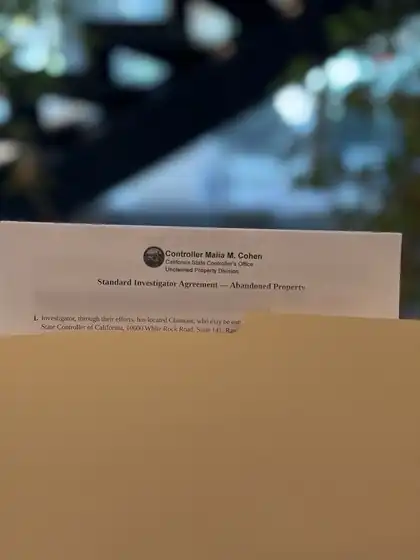 California unclaimed property investigator agreement notarized by mobile notary Brent Hernandez, names blurred