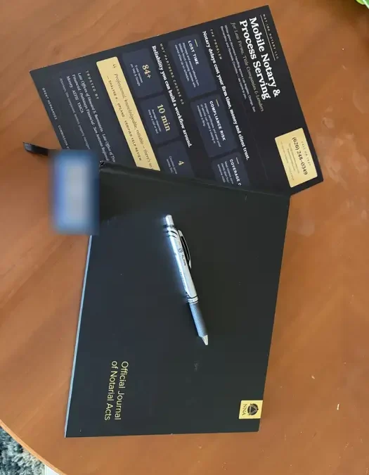Wet Ink Notary journal of notarial acts, pen, and law firm flyer